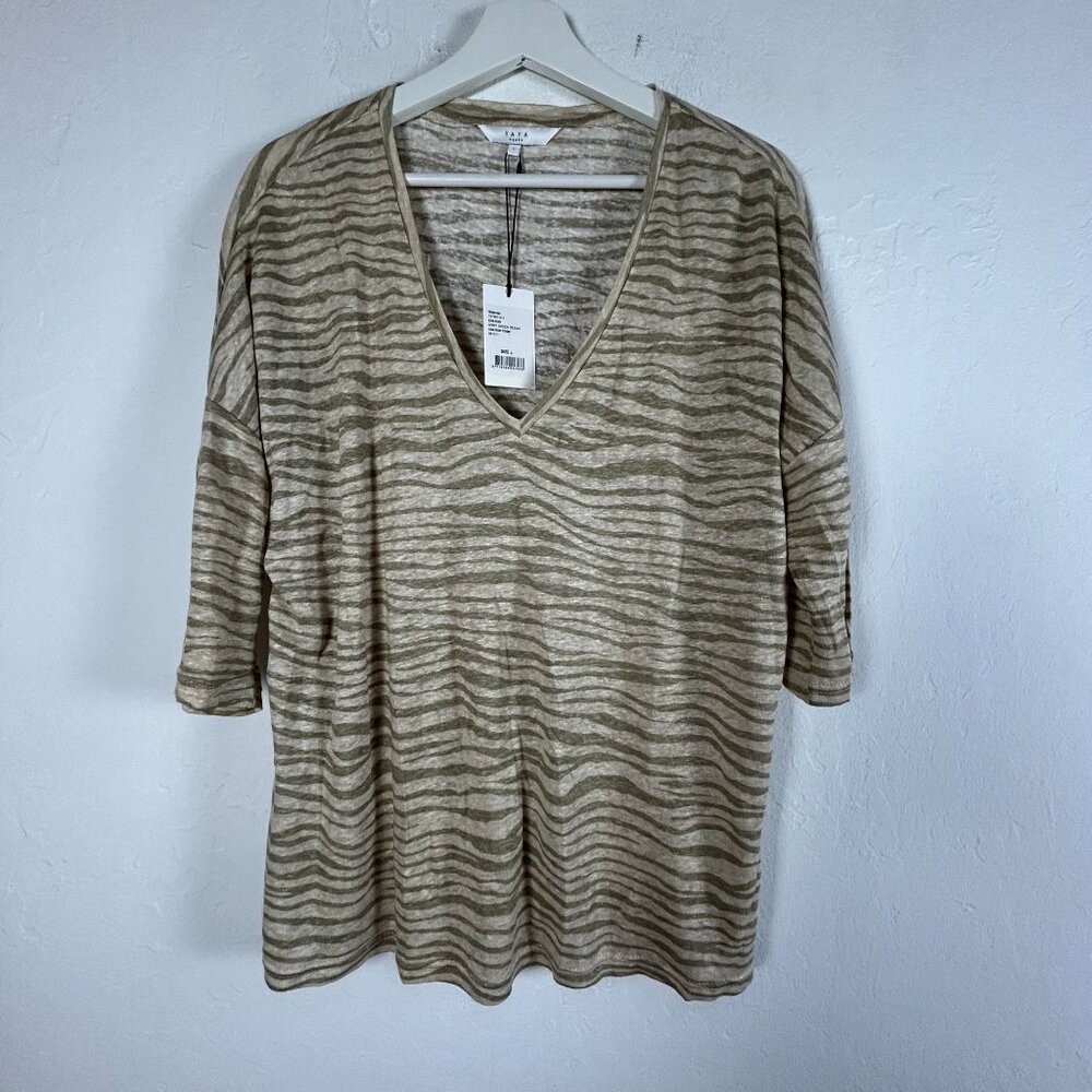 Yaya Womens Army Green Design Loose-Fit V-Neck Linen Top Large Lightweight New